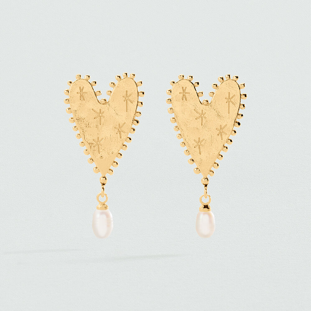 Pendientes largos CORAZONES PERLAS PANGEA - Blanco / Oro - Pendientes largos  | Agatha