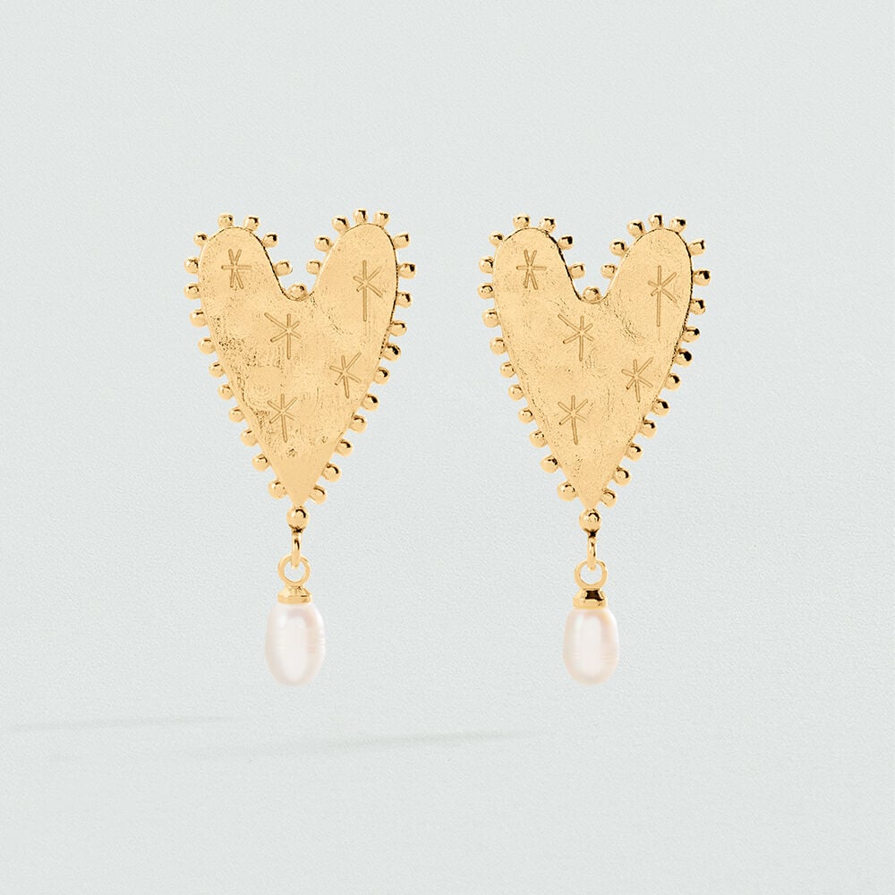 Pendientes largos CORAZONES PERLAS PANGEA - Blanco / Oro - Pendientes largos  | Agatha